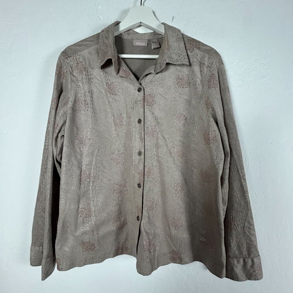 Chico's Womens Button-Up Long Sleeve Shirt Size 2 Beige Textured Leaf Pattern